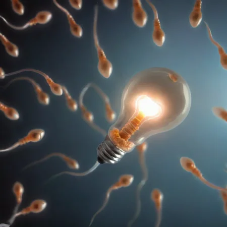 light bulb side shot glowing surrounded by a lot gametes spermazoid, cinematic <lora:gametes :1>