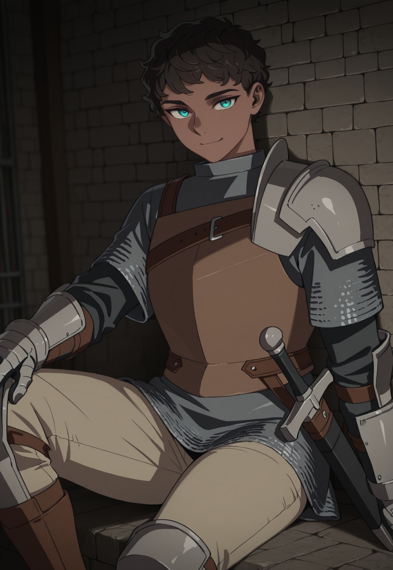 masterpiece, best quality, newest, Dunmeshi_Kabru, 1boy, brown hair, very short hair, curly hair, aqua eyes, dark skin, armor, gorget, chainmail, single pauldron, cuirass, vambraces, gauntlets, cuisses, greaves, brown belt, sheath, scabbard, short over long sleeves, black turtleneck sweater, beige pants, brown boots, sitting, against wall, dungeon, dark, looking at viewer, smirk, perspective