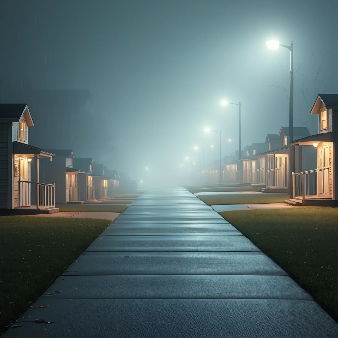 liminal, suburban, depth of field, 
4 story buildings, night, street lamp, 
driveways, ticket booths, lineup, 
3 houses, 

architecture, no humans, realistic, 

driveways, sidewalks, lamps, fog,