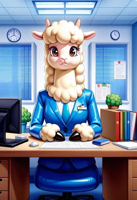 anime, a bored Latex alpaca in a office, at a desk, boring office job, cubicle, the office tv show, very detailed, 4k, sharp