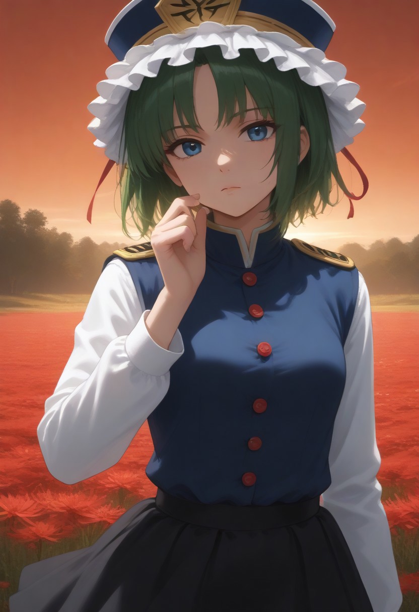 1girl, solo, solo focus, highres, absurdres, shikieiki, green hair, frilled hat, blue eyes, blue headwear, short hair,
long sleeves, black skirt, white shirt, blue vest, red ribbon, epaulettes, small breasts, arm ribbon, buttons, 
looking at viewer, head tilt, expressionless, hand up, 
red spider lily, flower field, red sky, backlighting,