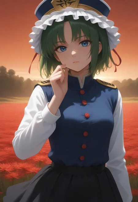 1girl, solo, solo focus, highres, absurdres, shikieiki, green hair, frilled hat, blue eyes, blue headwear, short hair,
long sleeves, black skirt, white shirt, blue vest, red ribbon, epaulettes, small breasts, arm ribbon, buttons, 
looking at viewer, head tilt, expressionless, hand up, 
red spider lily, flower field, red sky, backlighting,
