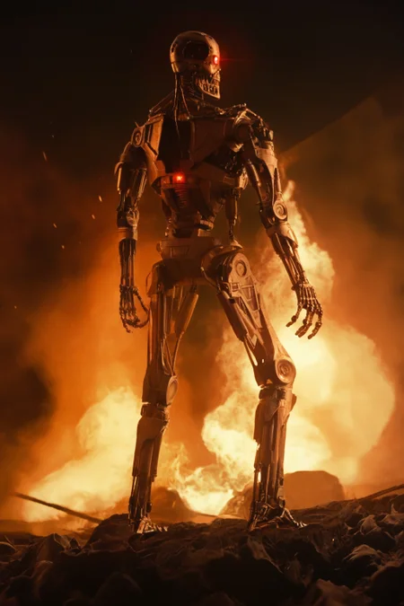 T800_Endo, Terminator robot, score_9, score_8_up, score_7_up, (source_IRL, source_movie), cinematic, realistic, masterpiece, high quality, highres RAW photo, ((full body shot))
a T800_Endo Terminator Robot with glowing red eyes, he is made of metal, <lora:T800_Endo_Terminator_Pony_v1-000019:1>
(standing in flames)
black background, in flames, fire, flames and fire everywhere, there is so much fire
dynamic lighting, highly detailed, intricate details