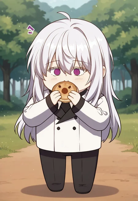 zPDXL3, score_9_up, score_8_up, score_7_up, (Anime_source), 1girl, (chibi), RunnaanSullion, lavender eyes, white hair, long hair, RS Knight uniform, happy noises, trees, holding food