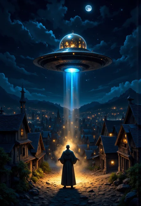 night, village, cartoon style, flying saucer kidnaps priest, flying saucer attracts priest, priest in panic, priest flies to flying saucer