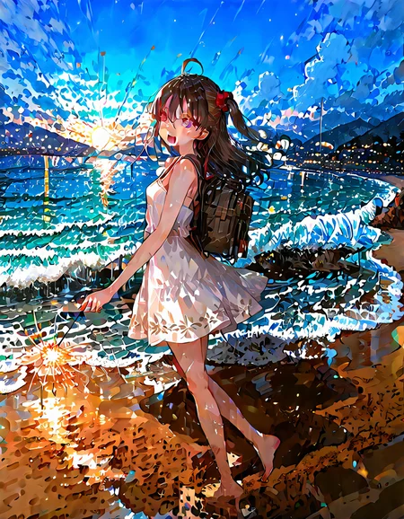 year 2024, highres, perfect quality,high quality,masterpiece,best quality,amazing quality,very aesthetic,Cinematic Lighting,newest,Tactical use of shadow,
1girl,solo,long hair,black hair,hair between eyes,ahoge,purple eyes,AyanoKimishima Cyql,
sparkler, outdoors, fireworks, barefoot, dress, scenery, sky, smile, night, white dress, ocean, open mouth, standing, beach, cloud, holding fireworks, looking at viewer, water, standing on one leg, horizon, one side up, from side, :d, blush, night sky, sleeveless dress, city lights, multicololens flare, sleeveless, blurry, bokeh, sundress, shore, holding, bare shoulders, full body, bare arms, depth of field, sunset, scrunchie, breasts, mountainous horizon, mountain, cloudy sky,  waves, blurry background,  star \(sky\), blue sky, sand,  leg up, sun, looking to the side, lights, reflection, walking, moon, bare legs, floating hair,
<lora:ponyv4 noob1 2 adamW-000017:0.7>,<lora:spo sdxl 10ep 4k-data lora webui:0.6>,<lora:USNR STYLE XL lokr:0.45>,<lora:illustrious all rated v1:0.7>,<lora:96YOTTEA-WAI:0.8>,<lora:Ayano Kimishima Illustrious by Cyql:1>,