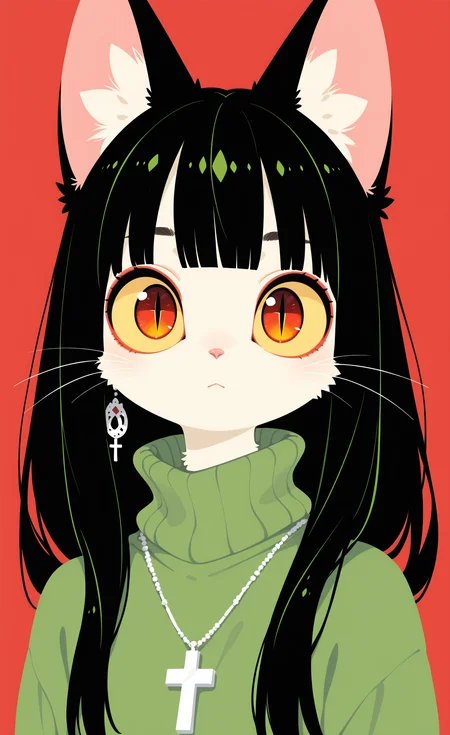masterpiece,best quality,amazing quality, 1girl, solo, long hair, looking at viewer, simple background, black hair, animal ears, closed mouth, jewelry, upper body, earrings, cat ears, blunt bangs, necklace, sweater, turtleneck, cat girl, portrait, cross, slit pupils, furry, red background, colored sclera, furry female, turtleneck sweater, body fur, animal nose, cross necklace, green theme, yellow sclera, whiskers, haiz_ai, no lineart,no outline, <lora:ponyv6_noobE11_2_adamW-000017:0.3> <lora:MeMaXL4:0.8> <lora:veluflora-wai:0.35> <lora:haiz_ai_illu:0.7>