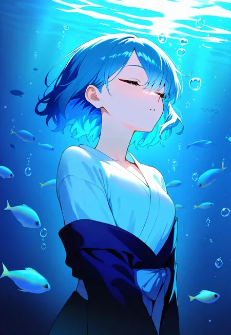 masterpiece, best quality, newest, absurdres, highres, Anime-style illustration featuring a young woman with blue hair, wearing a traditional white and black kimono. She is depicted underwater with her eyes closed, surrounded by bubbles and a small blue fish. The lighting creates a serene and ethereal atmosphere, with light filtering through the water from above. The background includes subtle details of underwater flora, adding to the tranquil scene.