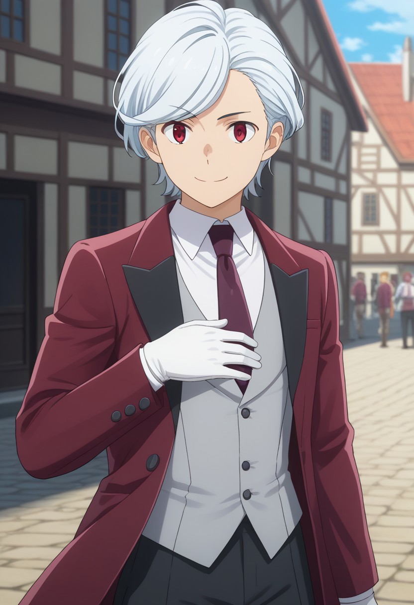 score_9, score_7_up, source_anime 
belcranel, 1boy, male focus, solo, red eyes, white hair, alternative hairstyle, butler, shirt, white shirt, collared shirt, necktie, red necktie, vest, grey vest, jacket, red jacket, gloves, white gloves, smile, closed mouth,
outdoor, village, medieval, hand on own chest,