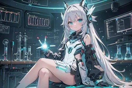 (masterpiece), (science fiction:1.4), 1girl, sitting, smile, silver hair, aqua eyes, headgear, long sleeves, detached sleeves, glowing energy clothing, light particles