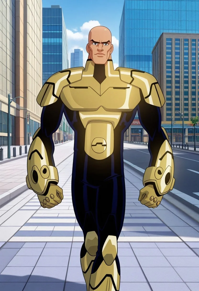 solo, crisis_luthor, bald, power armor, half shot, looking at viewer, outdoors, city, sidewalk, shrug