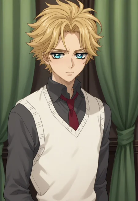 score_9, score_8_up, score_7_up, source_anime, highly detailed,
hanabusaidoh, solo, blonde hair, 1boy, male focus, necktie, sweater vest, blue eyes, vest, curtains, red necktie, shirt, collared shirt, grey shirt, upper body, bored
indoor