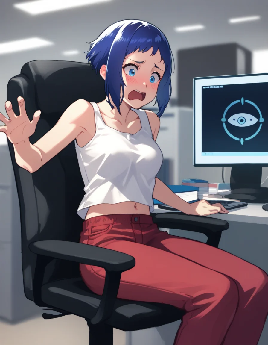 score_9, score_8_up, score_7_up, source_anime
<lora:kusanagi-arise-ponyxl-000060:1> kusamoar, tank top, midriff, navel, red pants,
1girl, caught, surprised, embarrassed, sitting, office chair, looking to the side, looking at screen, live stream