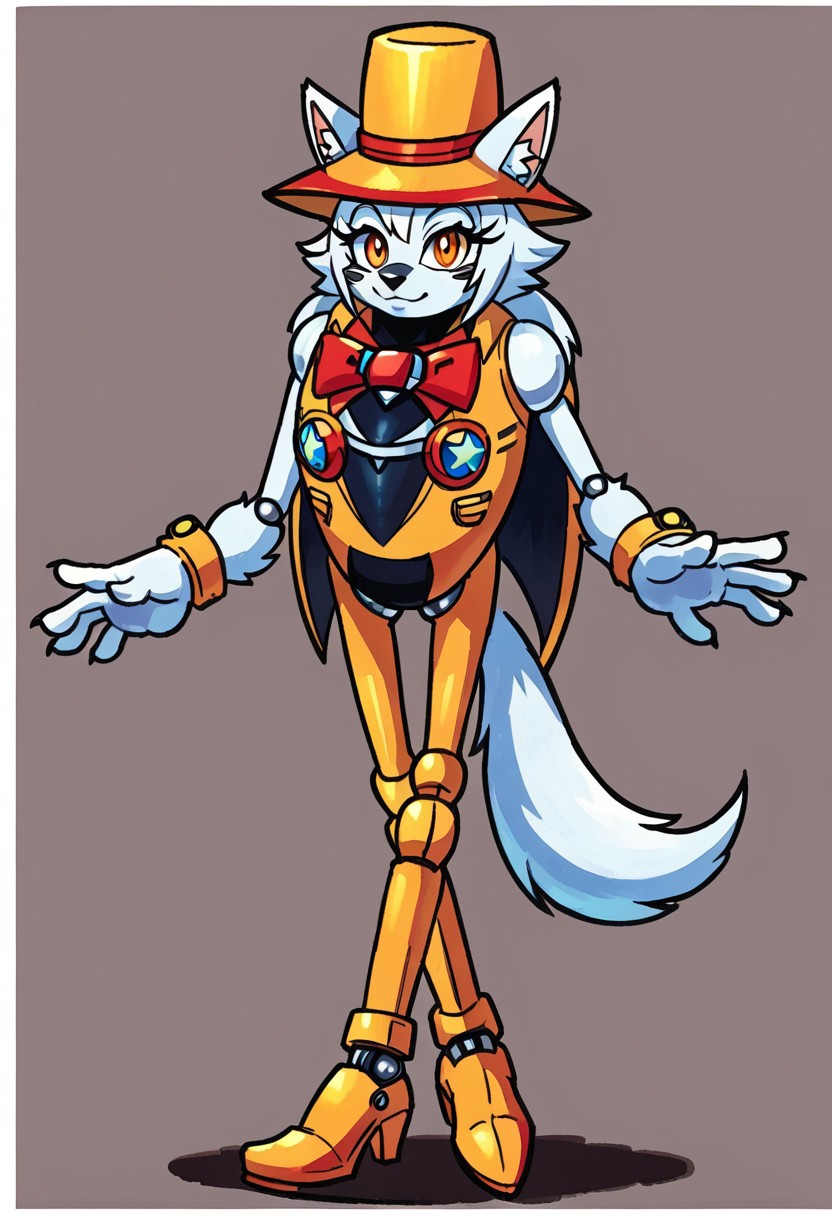 heavy magician, 1girl, female, robotic, magician, heavy magician, sonic mania, yistyle, watercolor, painting, clean, no blur, vector art, werewolf form, cute, kind, eyelashes, animal form, breast, wolf face, wolf body, feral, solo, skinny, sexy pose, sexy look, thin, anthro, looking at viewer, side angle