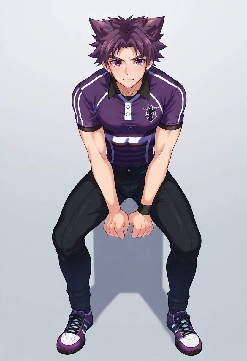 masterpiece, best quality, , , , , 1boy, solo, male focus, <lora:yoichi_yukimura_ilxl:1>, yoichi_yukimura, purple hair, purple eyes, short hair, spiked hair, , , Cropped trousers, Rugby shirt, High-top sneakers, ,