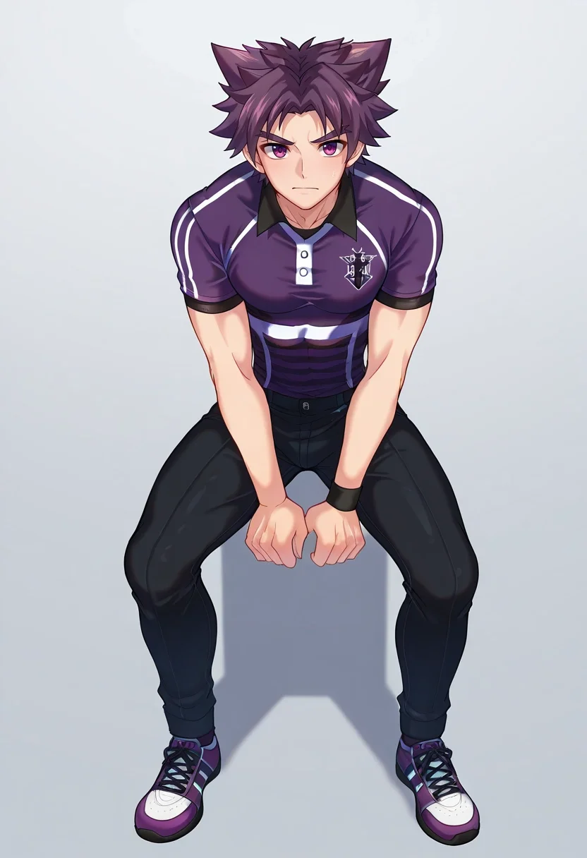 masterpiece, best quality, , , , , 1boy, solo, male focus, <lora:yoichi_yukimura_ilxl:1>, yoichi_yukimura, purple hair, purple eyes, short hair, spiked hair, , , Cropped trousers, Rugby shirt, High-top sneakers, ,