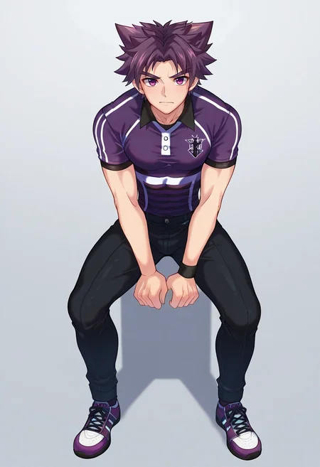 masterpiece, best quality, , , , , 1boy, solo, male focus, <lora:yoichi_yukimura_ilxl:1>, yoichi_yukimura, purple hair, purple eyes, short hair, spiked hair, , , Cropped trousers, Rugby shirt, High-top sneakers, ,