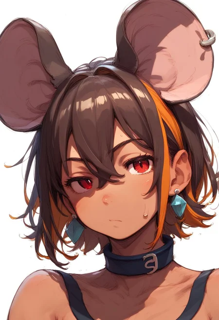 PonyScores7, source_anime, hi res, masterpiece, best quality, highres, Majo_PS, animal ears, brown hair, white background, simple background, 1girl, looking at viewer, red eyes, collar, collarbone, hair between eyes, jewelry, portrait, short hair, sweatdrop, closed mouth, ear piercing, mouse ears, dark skin, multicolored hair, bare shoulders, earrings