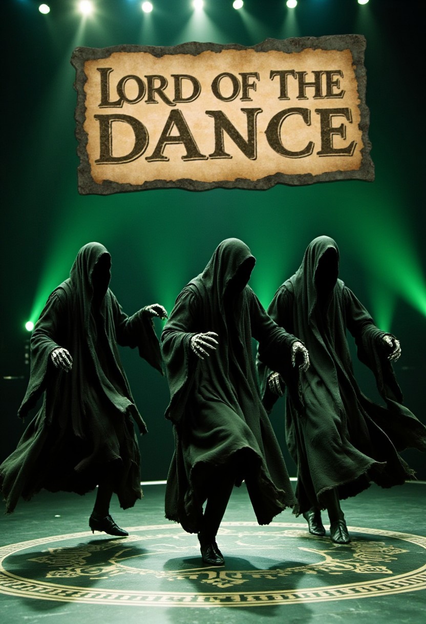 Three Nazgûl performing an Irish-themed Riverdance. The Nazgûl, in their dark hooded cloaks, are mid-dance, kicking in unison in the style of a traditional Riverdance. The stage has an Irish theme, with shamrocks and Celtic knot designs subtly worked into the background and floor. Above the stage, include a large, bold poster-style label that reads "Lord of the Dance" in a stylized, fantasy-themed font.