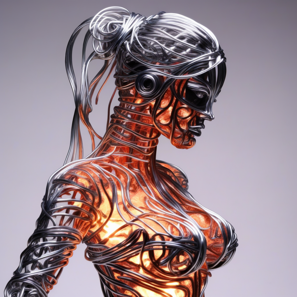 wirex wire sculpture cyborg girl the background hell flames  <lora:wirex:0.8>