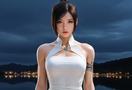 Beautiful and sensual Ada Wong wearing a short white dress whit bare torso, scuptural body, very busty, dark theme, natural grey eyes, beautiful face, fully and incredibly detailed, dramatic style, sad, modern art, digital illustration, cinematic, 4k epic figure, sharp focus, system unit, artstation hyperrealism painting concept art of detailed character design matte painting, 16k resolution. chuxue, sarashi-fundoshi.