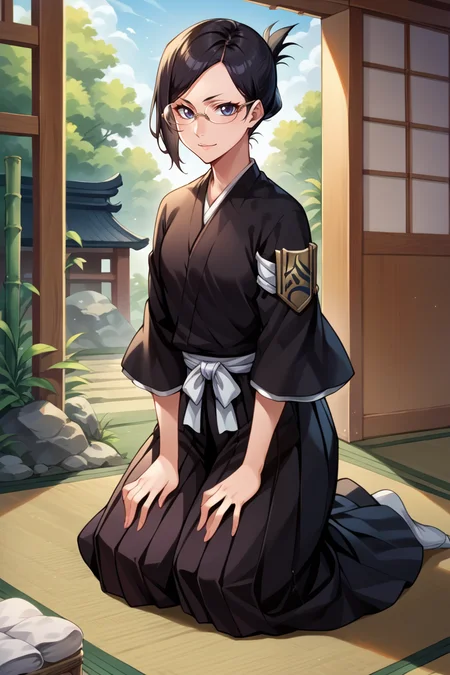 score_9, score_8_up, score_7_up, score_6_up, source_anime, BREAK 1girl, solo, <lora:isenanao-pdxl-nvwls-v1-000006:1> ise nanao, folded ponytail, glasses, black robes, sash, black skirt, hakama skirt, armband, kneeling, seiza, indoors, bamboo mat, japanese house, looking at you, light smile, hands on own legs, long skirt