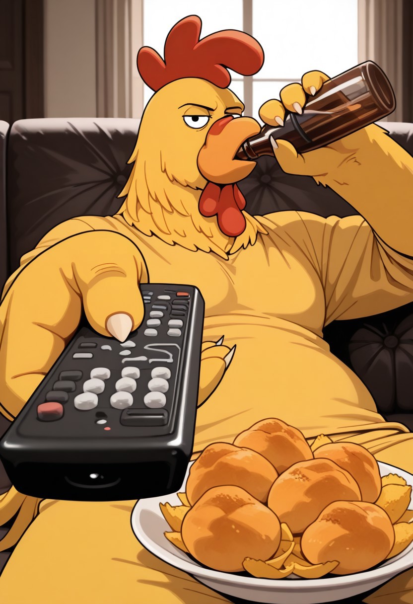 masterpiece, best quality, high resolution, ultra-detailed, detailed face BREAK 1boy, solo, ErnieCh1cken, chicken, yellow feathers, head crest, feathered fingers, feathered tail, black eyes, sitting, holding bottle, holding remote control, controller, on couch, drinking, looking at viewer, food