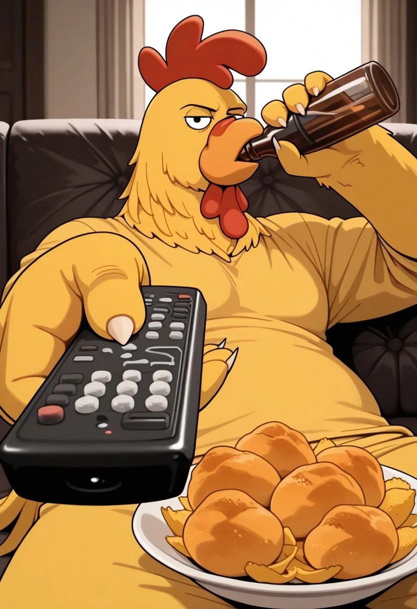 masterpiece, best quality, high resolution, ultra-detailed, detailed face BREAK 1boy, solo, ErnieCh1cken, chicken, yellow feathers, head crest, feathered fingers, feathered tail, black eyes, sitting, holding bottle, holding remote control, controller, on couch, drinking, looking at viewer, food