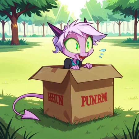 Dreamkeepers,1girl,Prelude_Namah,solo,demon tail, green eyes, horns,
child, kid,
Hiding in a Cardboard Box in a Parkm cardboard_box, hiding, park, dress, sunlight, grass, trees, giggling, surprise , crouched in a cardboard box, dress peeking out, giggling in a sunlit park with grass and trees