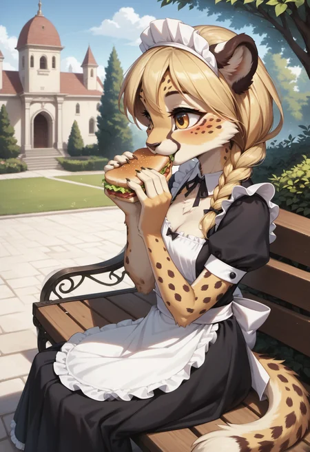 score_9, score_8_up, score_7_up,
source_furry, high quality, perfection, detailed, aesthetic, well-lighted,
1girl, solo, side view,
outdoors, mansion, garden, tree shadow, bushes, trees,
furry female, anthro, furred body, fluffy fur, beautiful girl, cute girl, adult, youthful, beautiful face, beautiful eyes, perfect eyes, detailed eyes,
cheetah girl, small breasts, petite, blonde hair, single braid, long tail, yellow eyes, good hands,
maid outfit, cleavage, maid headband, maid apron,
sitting, on bench, holding food, sandwich, biting, eating,