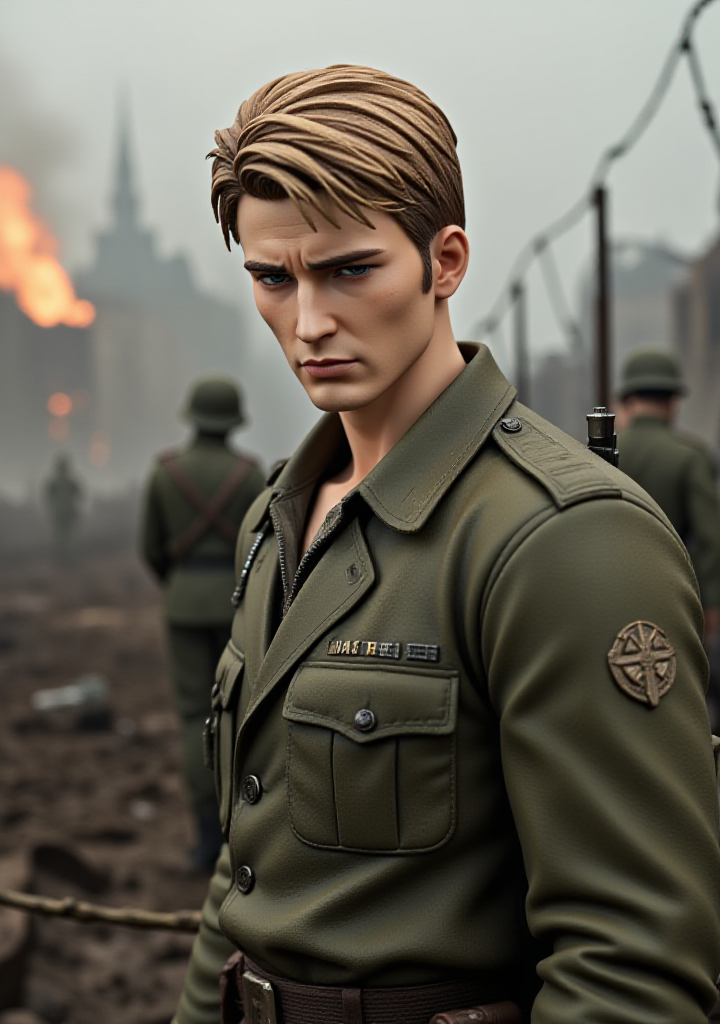 A high-quality photograph of a semi-realistic anime figurine of a man standing in a war-torn battlefield. He wears a worn, olive green military uniform with a pair of dog tags and a rifle slung over his shoulder. His light brown hair is cut short and practical, with a few strands messy and unkempt from the rigors of combat. He wears a determined expression, with a set jaw and a hint of exhaustion in his eyes, as he gazes past the viewer with an air of focus and intensity. The atmosphere is one of chaos and uncertainty, with a sense of danger and urgency hanging in the air. The background is a blurred mix of ruined buildings, barbed wire, and smoke, evoking the intense and brutal reality of World War 2.