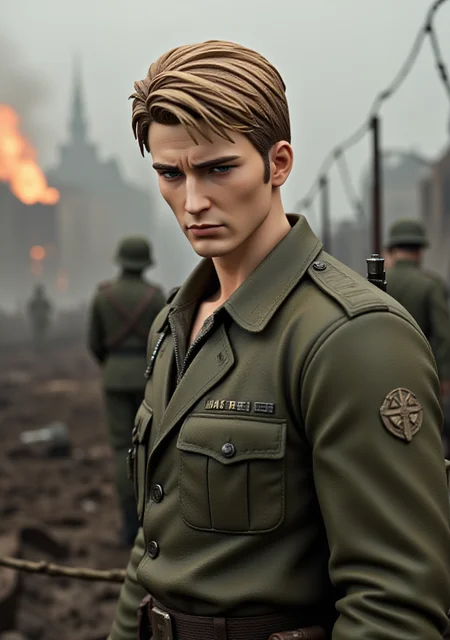 A high-quality photograph of a semi-realistic anime figurine of a man standing in a war-torn battlefield. He wears a worn, olive green military uniform with a pair of dog tags and a rifle slung over his shoulder. His light brown hair is cut short and practical, with a few strands messy and unkempt from the rigors of combat. He wears a determined expression, with a set jaw and a hint of exhaustion in his eyes, as he gazes past the viewer with an air of focus and intensity. The atmosphere is one of chaos and uncertainty, with a sense of danger and urgency hanging in the air. The background is a blurred mix of ruined buildings, barbed wire, and smoke, evoking the intense and brutal reality of World War 2.