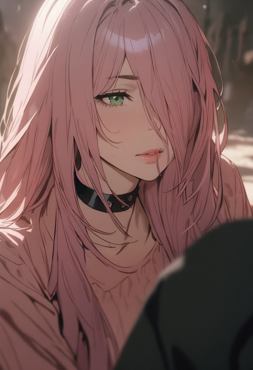 1woman, solo,  long hair, pink hair, black choker, green eyes, one eye covered by hair,  eyeliner,  gorgeous lips, squats, 
 y_d,
cinematic, (masterpiece), (best quality), (ultra-detailed), very aesthetic, illustration, perfect composition, intricate details, absurdres