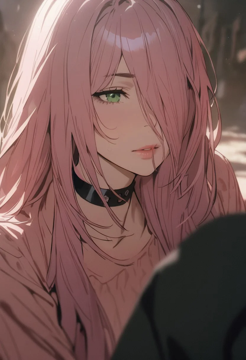 1woman, solo,  long hair, pink hair, black choker, green eyes, one eye covered by hair,  eyeliner,  gorgeous lips, squats, 
 y_d,
cinematic, (masterpiece), (best quality), (ultra-detailed), very aesthetic, illustration, perfect composition, intricate details, absurdres