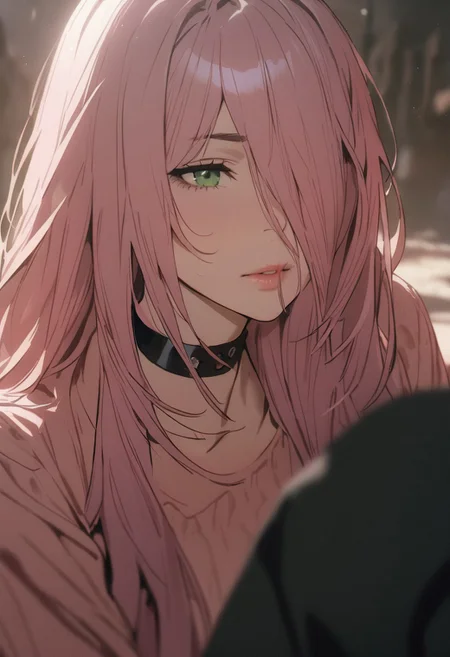 1woman, solo,  long hair, pink hair, black choker, green eyes, one eye covered by hair,  eyeliner,  gorgeous lips, squats, 
 y_d,
cinematic, (masterpiece), (best quality), (ultra-detailed), very aesthetic, illustration, perfect composition, intricate details, absurdres