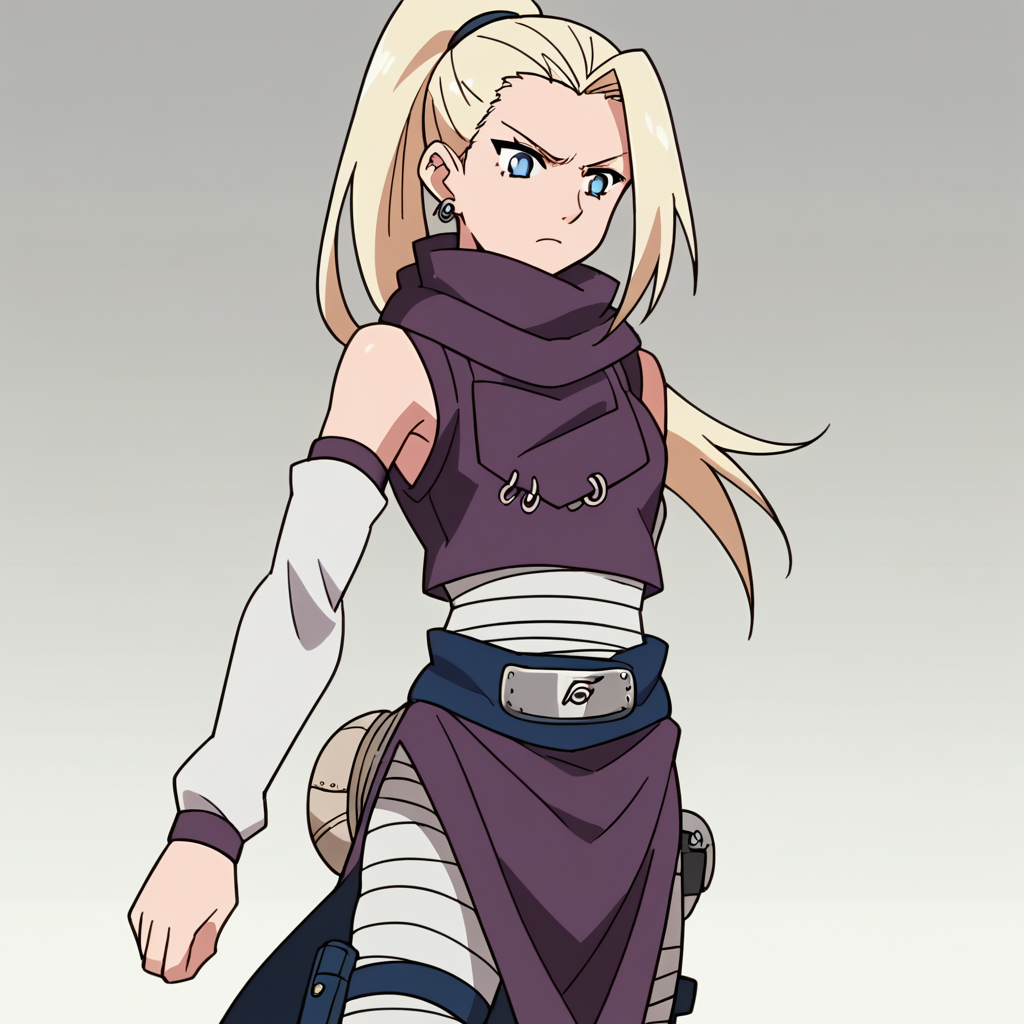 score_9,score_8_up,score_7_up,score_6_up, anime_screencap, <lora:Ino_Genin_Pony-000007:1>, inog, 1girl, solo, bandana around waist, pelvic curtain, long hair, ponytail,  blue eyes, blonde hair, earrings, bandaged waist,  detached sleeves, bandaged leg, crop top, sleeveless, thigh pouch, scarf,