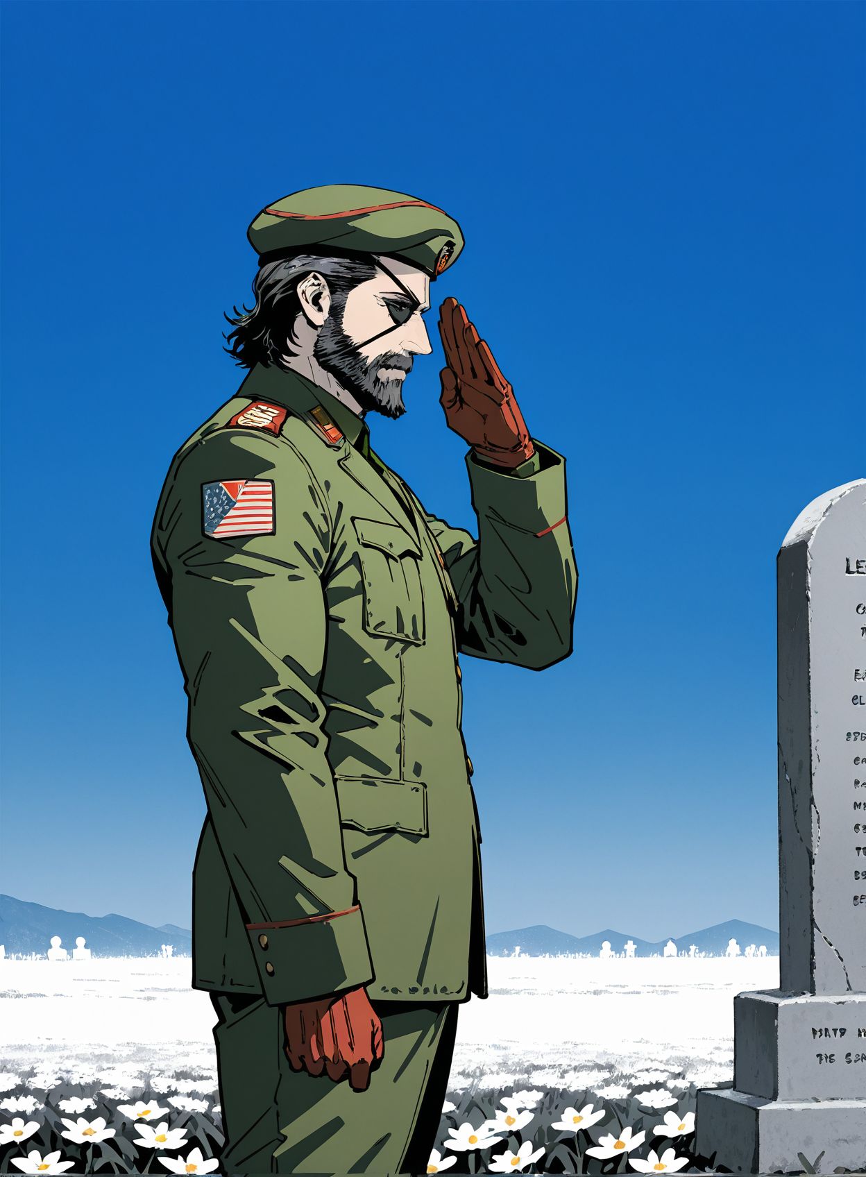 masterpiece,best quality,amazing quality,very aesthetic,absurdres,newest, huge filesize,
<lora:spo_sdxl_10ep_4k-data_lora_webui:0.5>,
<lora:add-detail-xl:1>
 normandy_american_cemetery,  ((Salute)) , stright tombstone, right hand Salute, (green Military beret:1.4),from side, looking down,  tombstone facing man,
Upright tombstone,
Standing gravestone,
Vertical headstone,
Saluting the text on the tombstone,
Paying respects with a salute to the inscription,
Standing at attention and saluting the tombstone’s e
Stand at attention and salute, (white flower:1.4), wind, 
Attention and salute,
day,sky,  monochrome,  muscular male,  military uniform jacket,  along,standing,  legs together, from side, face shot,
1man, mature male,  big boss from metal gear solid3,  from behind, 
35YO,
Full beard with a rugged look,
Thick and well-groomed beard,
Short, scruffy facial hair, black hair, 
Olive green suit with matching trousers, 
simple pencil sketch, spot color, <lora:Yoji:0.8> yoji_shinkawa,
eyepatch,