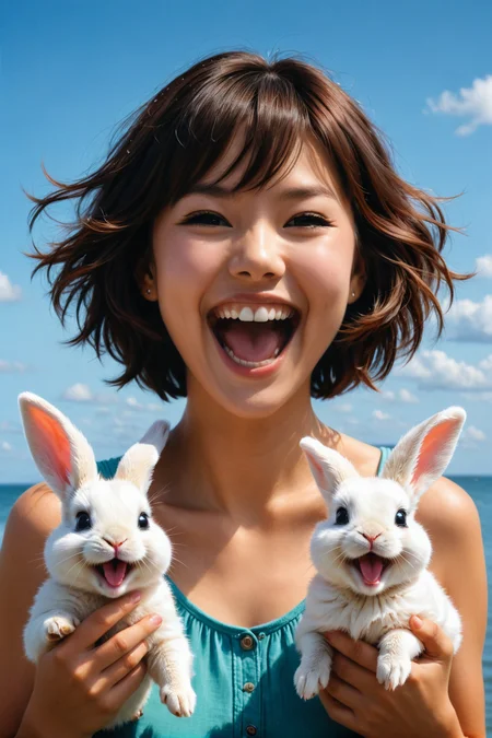 digital oil pastel on canvas<lora:oil_pastel:1.00> of a cinematic photo <lora:juggernaut_cinematic:1.00> by ((( Sean Yoro ) and  Mark Lovett ) and  Ilya Kuvshinov ) and  Noriyoshi Ohrai  of a cute happy woman holding up two cute bunnies while laughing maniacally laughter, dual wielding puppies <lora:happy:0.25><lora:maniacal_laughter:2.25><lora:dual_pistols:0.35> <lora:more_art:0.40><lora:faetastic:0.25><lora:midjourney:0.15>