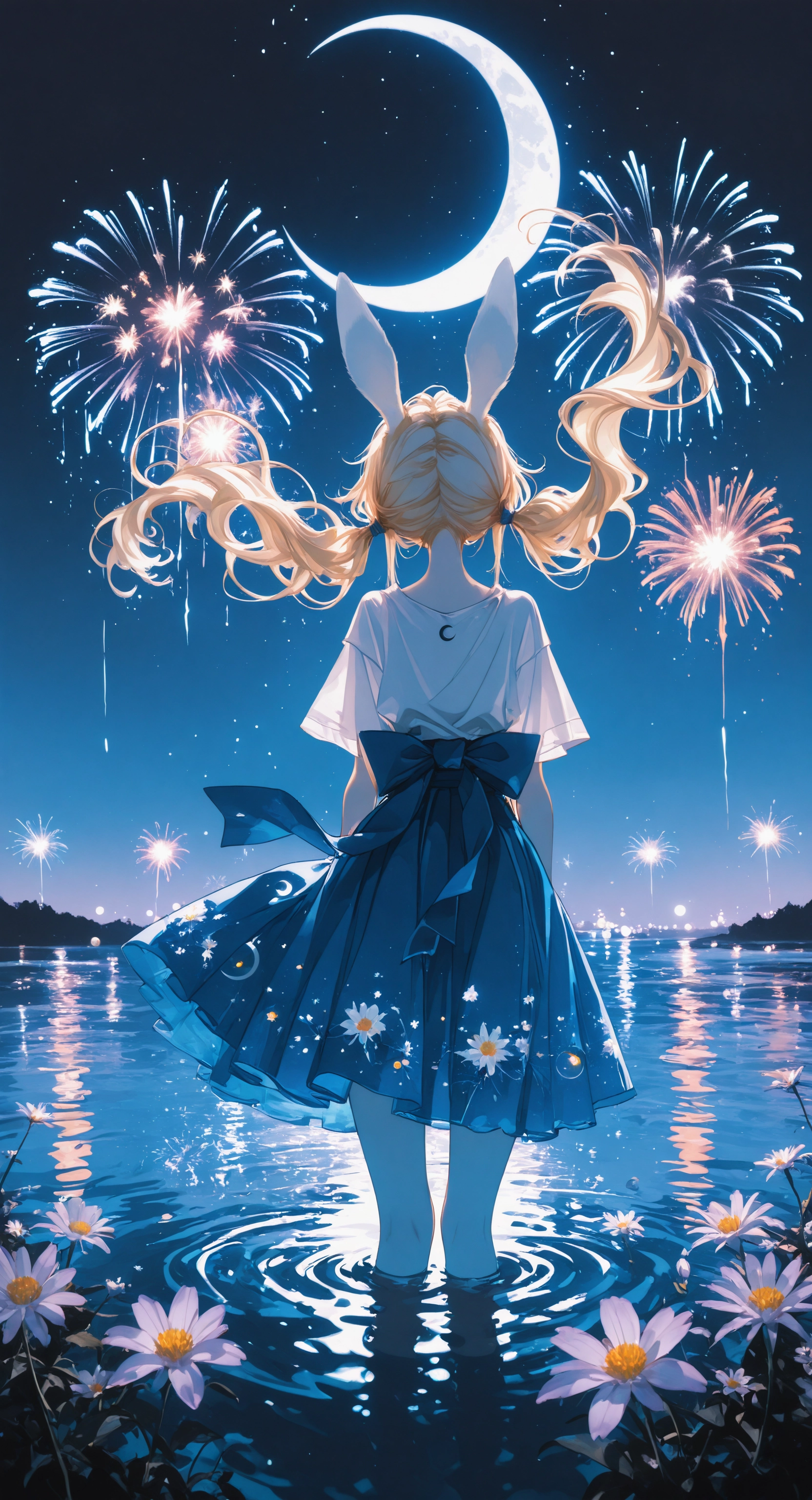 masterpiece, best quality, amazing quality, 1girl, solo, long hair, skirt, blonde hair, dress, animal ears, twintails, standing, closed eyes, flower, short sleeves, sky, from behind, water, rabbit ears, blue skirt, floating hair, night, moon, night sky, wading, back bow, crescent moon, fireworks <lora:noobai_ep11_stabilizer_v0.138_fp16:0.3> <lora:ppw_v7_noobVv1.0:0.5> <lora:XXX667:0.5> <lora:lpc_v10:0.4> <lora:CrypticHue:1>
