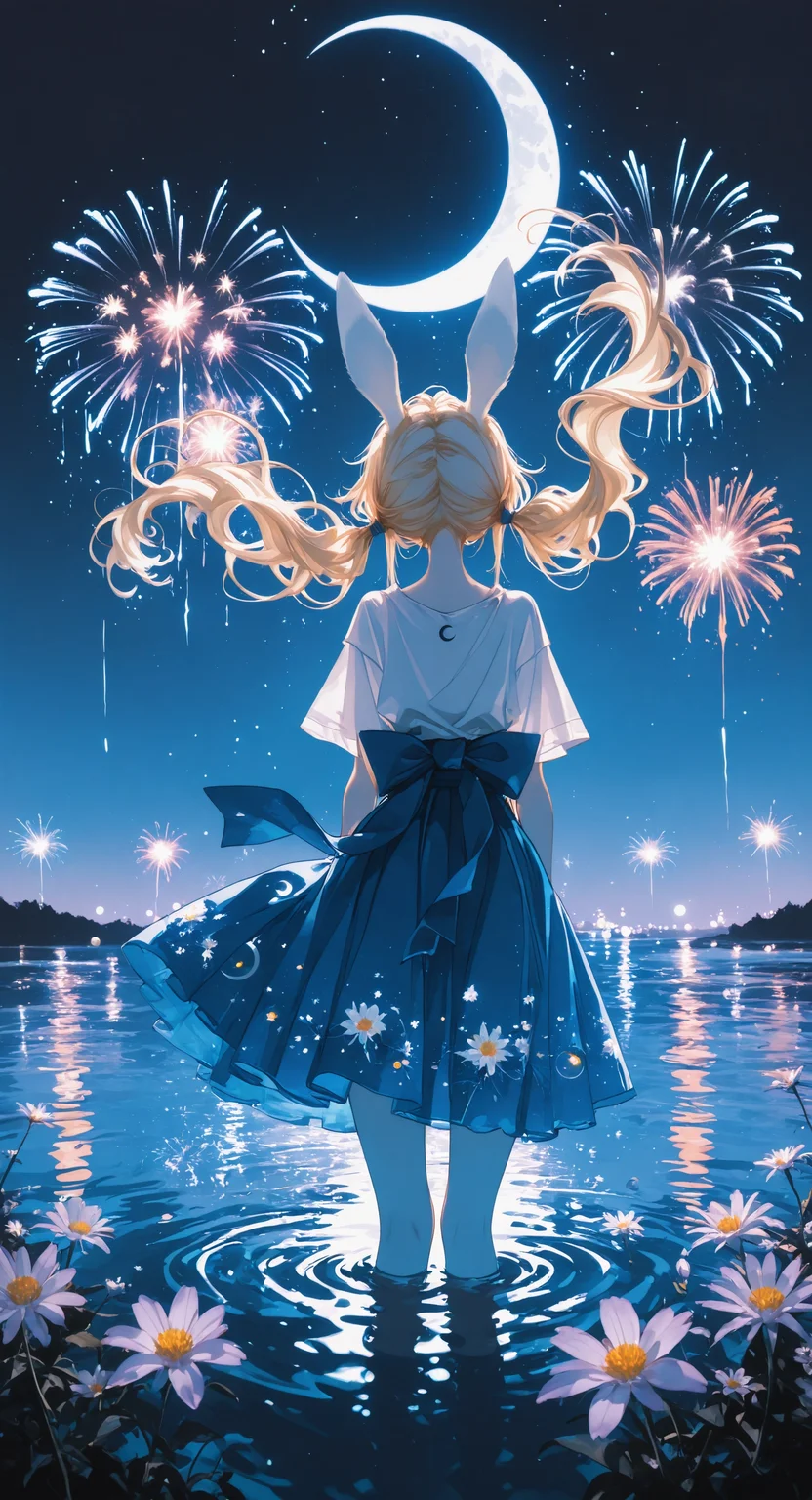 masterpiece, best quality, amazing quality, 1girl, solo, long hair, skirt, blonde hair, dress, animal ears, twintails, standing, closed eyes, flower, short sleeves, sky, from behind, water, rabbit ears, blue skirt, floating hair, night, moon, night sky, wading, back bow, crescent moon, fireworks <lora:noobai_ep11_stabilizer_v0.138_fp16:0.3> <lora:ppw_v7_noobVv1.0:0.5> <lora:XXX667:0.5> <lora:lpc_v10:0.4> <lora:CrypticHue:1>