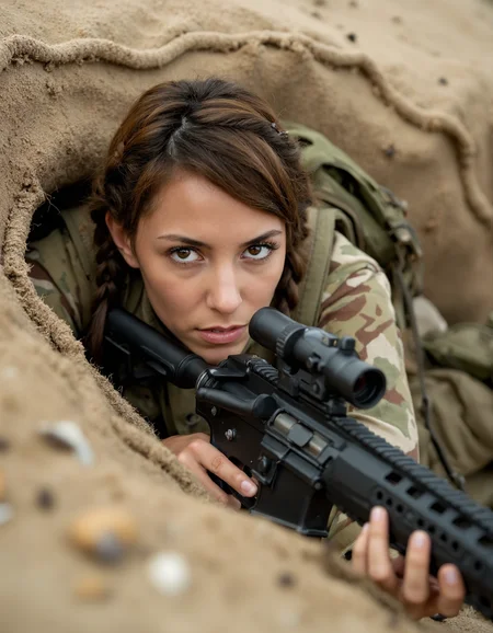 A female Marine sniper lies prone behind a sandbag bunker, her M40 rifle trained on an enemy position across no man's land. The camera is positioned from a high angle, capturing the intricate details of her uniform and equipment as well as the desolate landscape surrounding her. A subtle gradient effect enhances the contrast between light and dark, drawing attention to the subject's sharp features.