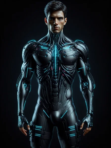 man, front view<lora:Neon_Cyberpunk_SDXL:1> cyberbody, dark background, (masterpiece:1.2), best quality