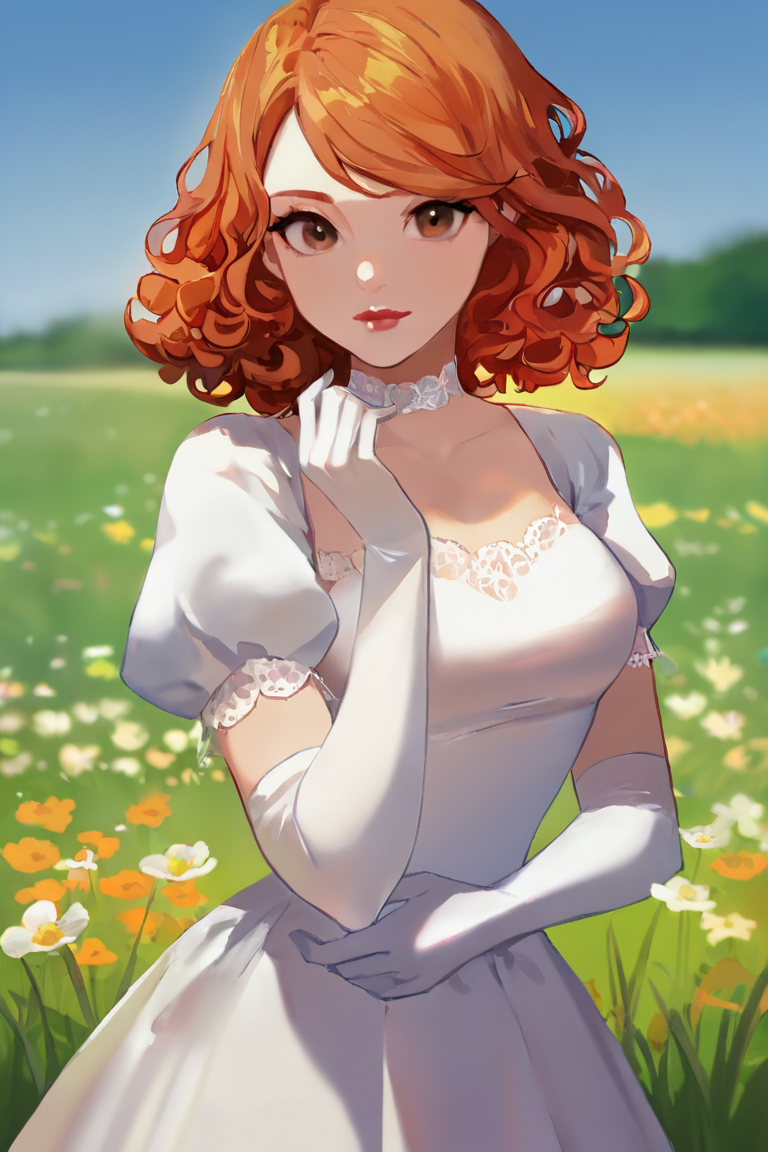 masterpiece, best quality, highres, newest, 1girl, solo, medium hair, curly hair, wavy hair, orange hair, swept bangs, brown eyes, lips, lipstick, looking at viewer, medium breasts, choker, medium dress, white dress, lace trim, puffy sleeves, puffy short sleeves, short sleeves, gloves, elbow gloves, white gloves, hand up, cowboy shot, closed mouth, standing, outdoors, field, flower, grass, plant, sky <lora:Ani-B - Basic [LoRA] - NoobAI-XL EPS 1.0:0.8>