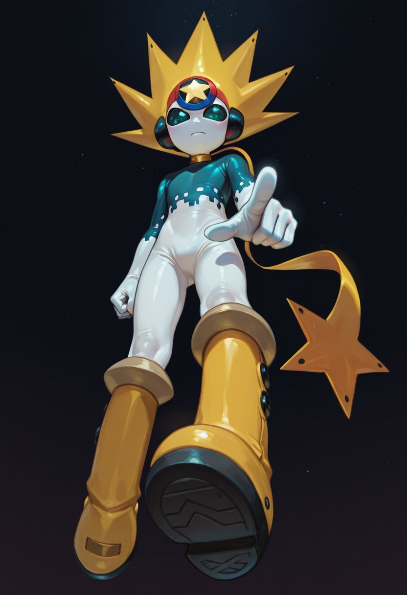 masterpiece, best quality, perfect quality, 1boy, solo, starmanexe, bodysuit, scarf, white skin, yellow boots, yellow headwear, compound eyes, star \(symbol\), floating, annoyed, looking at viewer, pointing at viewer, from below, simple dark background