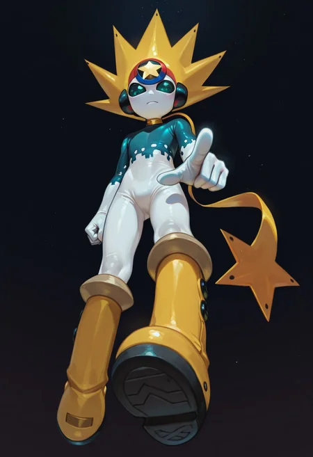 masterpiece, best quality, perfect quality, 1boy, solo, starmanexe, bodysuit, scarf, white skin, yellow boots, yellow headwear, compound eyes, star \(symbol\), floating, annoyed, looking at viewer, pointing at viewer, from below, simple dark background