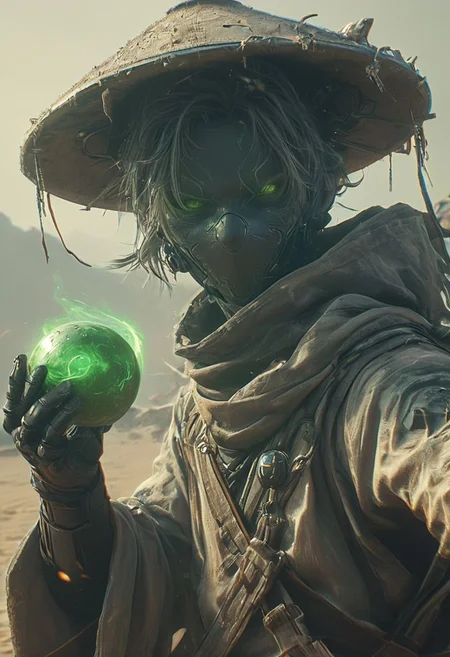 Capture the essence of a weathered, worn-out cyborg ninja amidst a swirling dust and electricity storm. Bent forward, obscured beneath a large, round sedge hat, their face barely visible. With arms outstretched, each hand holds a hovering, semi-molten green-gray orb. Against the backdrop of the sun, they stand in a desolate, bleached white sand desert.. spelling to ring like Pokemon Ball in each hand, casting two Pokemon Balls
 very detailed, atmospheric haze, Film grain, cinematic film still, shallow depth of field, highly detailed, high budget, cinemascope, moody, epic, OverallDetail, gorgeous, 2000s vintage RAW photo, photorealistic, candid camera, color graded cinematic, eye catchlights, atmospheric lighting, skin pores, imperfections, natural, shallow dof