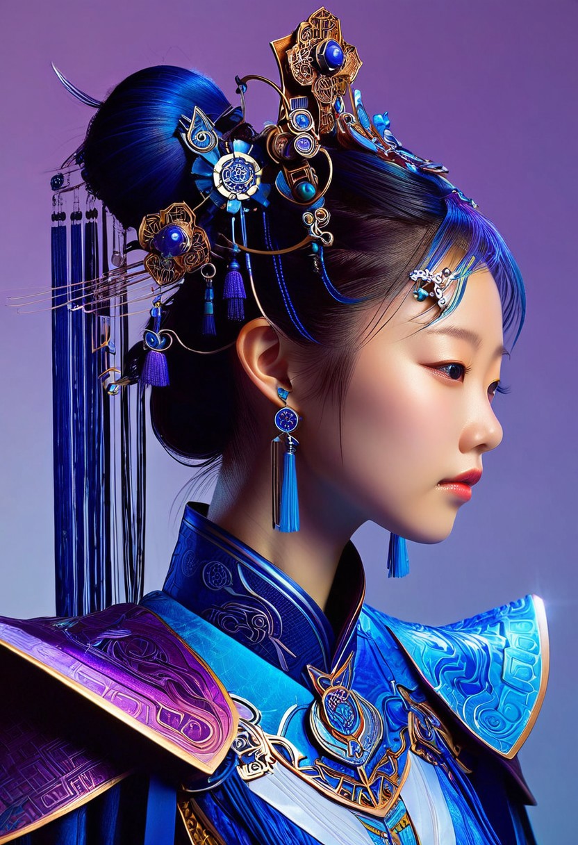 A hyper-realistic, upper-body portrait of a lone girl adorned in intricate, futuristic fantasy clothes, blending traditional Chinese cultural elements with modern accents, set against a subtle, gradient background that shifts from deep blues to vibrant purples, with soft, cinematic lighting that accentuates her delicate features, capturing the subtle sheen of silk and the metallic glint of futuristic accessories, in the style of digital painting with precise, ultra-detailed textures.
