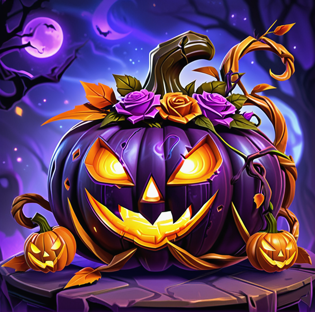 digital game illustration,halloween theme,jack-o'-lantern,purple roses,illuminated,carved pumpkin,glowing eyes,fantasy style,purple and orange color scheme,high-resolution,digital art,mystic background,floating particles,sinister smile,leaf detail,thorny vines,vibrant colors,intricate carving design.,game asset,,<lora:æ¸¸æ-000002:0.6>
