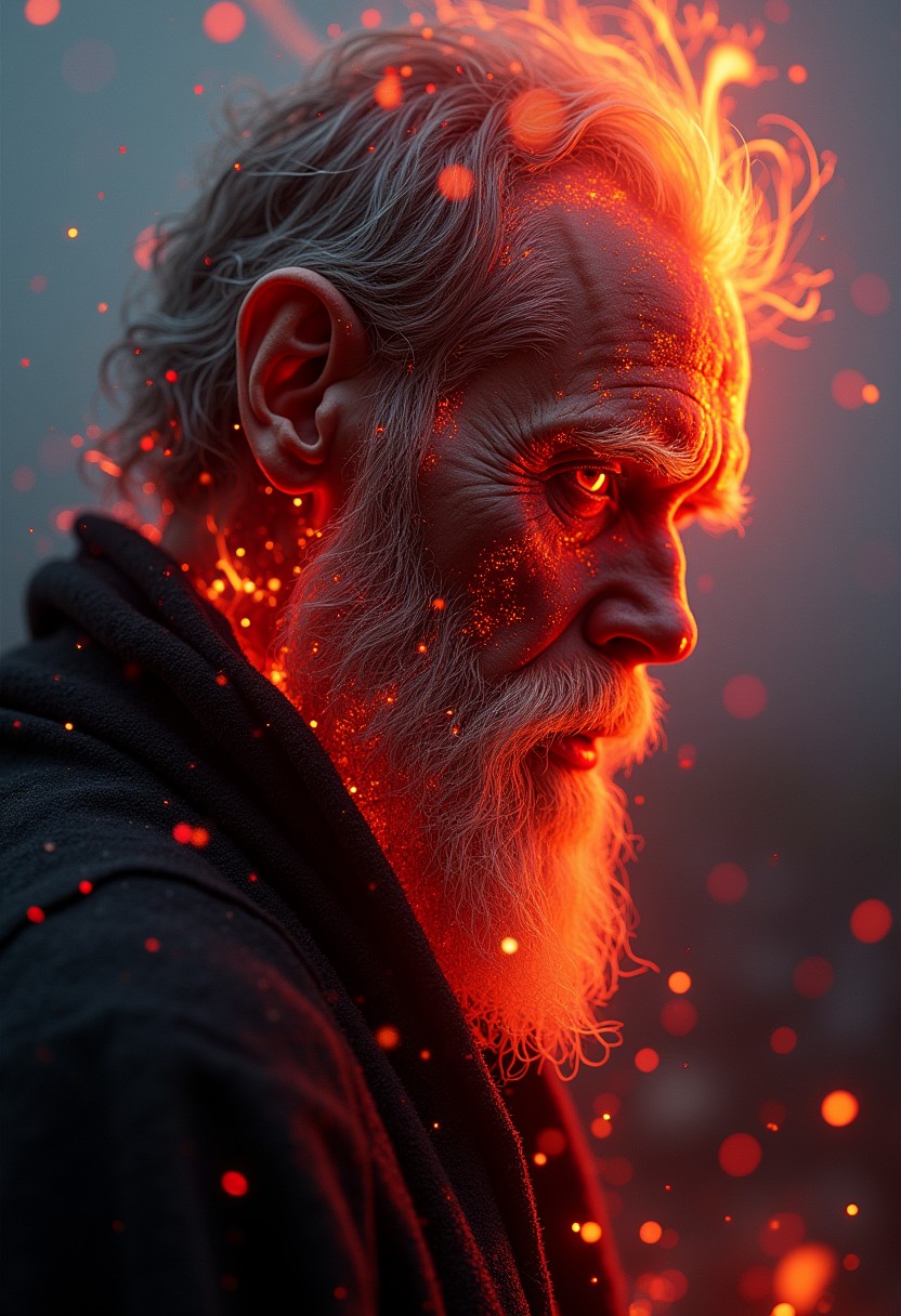 A symmetric portrait of a male, evil fire necromancer, features dissolving into fire magic thin, luminescent red lines. Weighted Voronoi stippling and laser caustics create a network, transitioning from hyperrealistic detail to abstract, quantum-inspired forms. Ethereal hues blend, evoking existential transition and mystery. Close-up on face, evil skull partially visible. Set against a twilight volcanic backdrop, hot winds ripple through his tattered robes. Rendered in a fusion of photorealism and digital surrealism, the scene is illuminated by ghostly Northern Lights. Emphasis on heat, menacing atmosphere, invoking Nordic myths