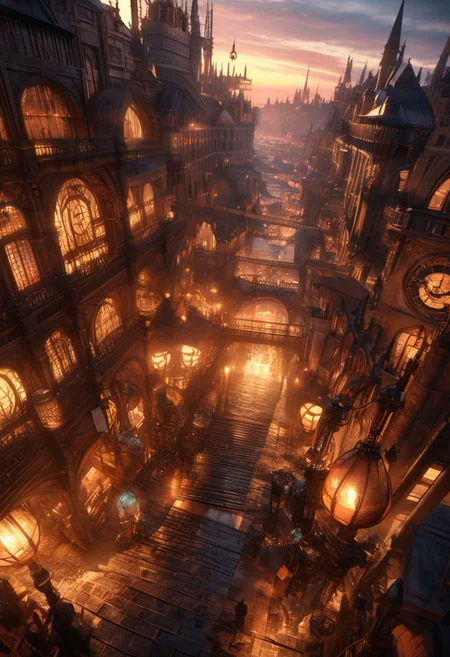 (best quality, 8k, high res, masterpiece:1.2), photorealistic, ultra-detailed, vibrant photography of a picturesque steampunk city at sunset.
Create a vivid depiction of a bustling steampunk cityscape, where Victorian-era aesthetics blend with fantastical steam-powered technology. Imagine towering brass and copper buildings adorned with intricate gears and pipes, steam billowing from every corner. Capture the essence of this alternate reality, where airships sail amidst clockwork skyscrapers, and cobblestone streets are bustling with eccentrically dressed denizens. Let your imagination roam through the winding alleys and bustling marketplaces of this vibrant steampunk metropolis, where innovation meets nostalgia in a world powered by steam and imagination.
(dynamic angle, cinematic lighting, ethereal atmosphere:1.1), (extremely detailed:1.2), (vivid colors:1.3), (perfect composition:1.2), (sharp focus, stunning realism:1.2)